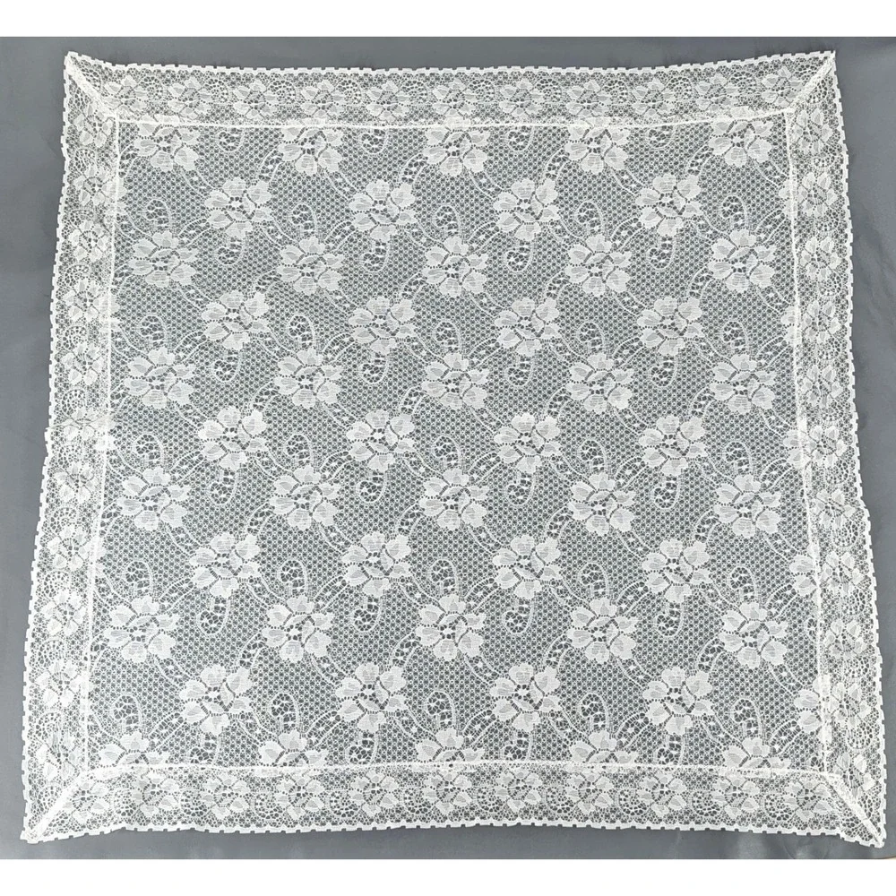 Vintage White Floral Lace Square Tablecloth 33x32 Scalloped Edge Tea Decor